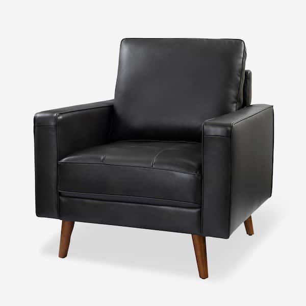 JAYDEN CREATION Christine Mid-Century Modern Black Genuine Leather Armchair with Wood Flared Legs