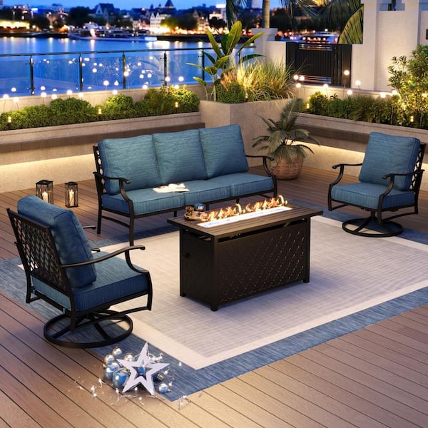PHI VILLA Black Metal Meshed 5 Seat 4-Piece Steel Outdoor Fire Pit Patio Set with Peacock Blue Cushions Rectangular Fire Pit Table