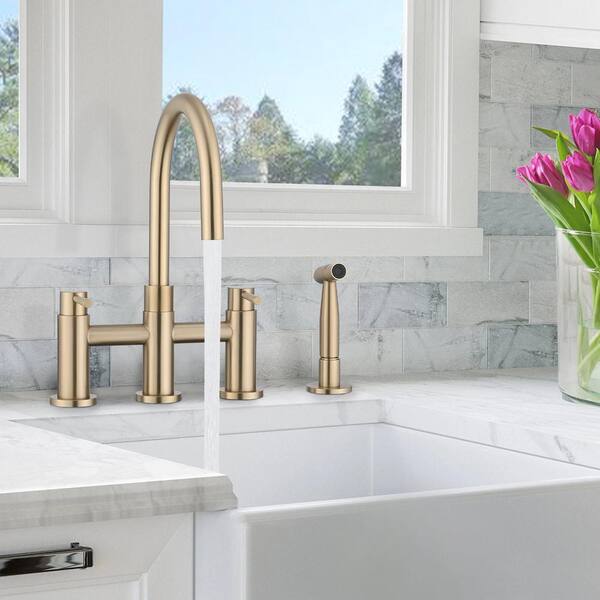 Two Handle Pull-Down Bridge Kitchen Faucet in Champagne Bronze