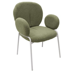 Celestial Modern Boucle Dining Chair with Arms in White Powder Coated Iron Frame, Green