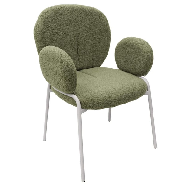 Leisuremod Celestial Modern Boucle Dining Chair with Arms in White Powder Coated Iron Frame, Green