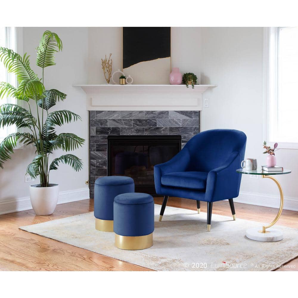 Blue Velvet and Gold Round Nesting Ottomans Set of 2
