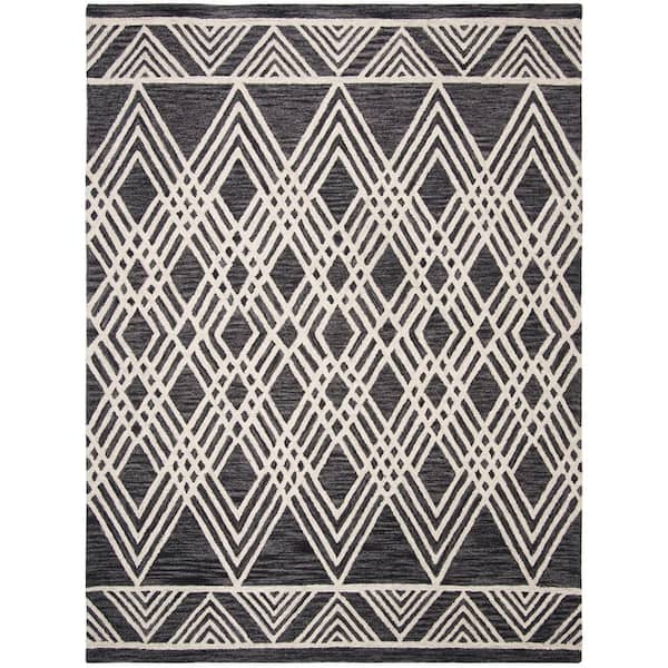 SAFAVIEH Micro-Loop Charcoal/Ivory 8 ft. x 10 ft. Striped Border Diamonds Area Rug