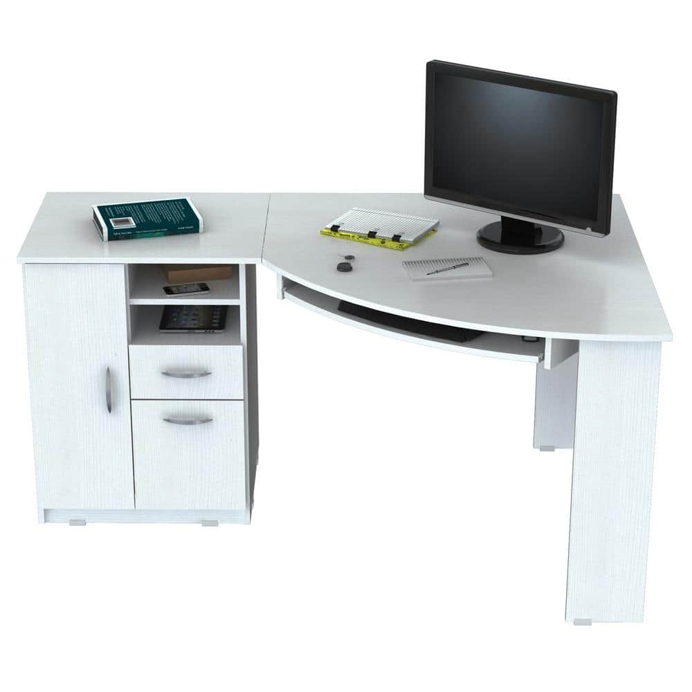 White L-Shaped Corner Desk with Drawers and Keyboard Tray