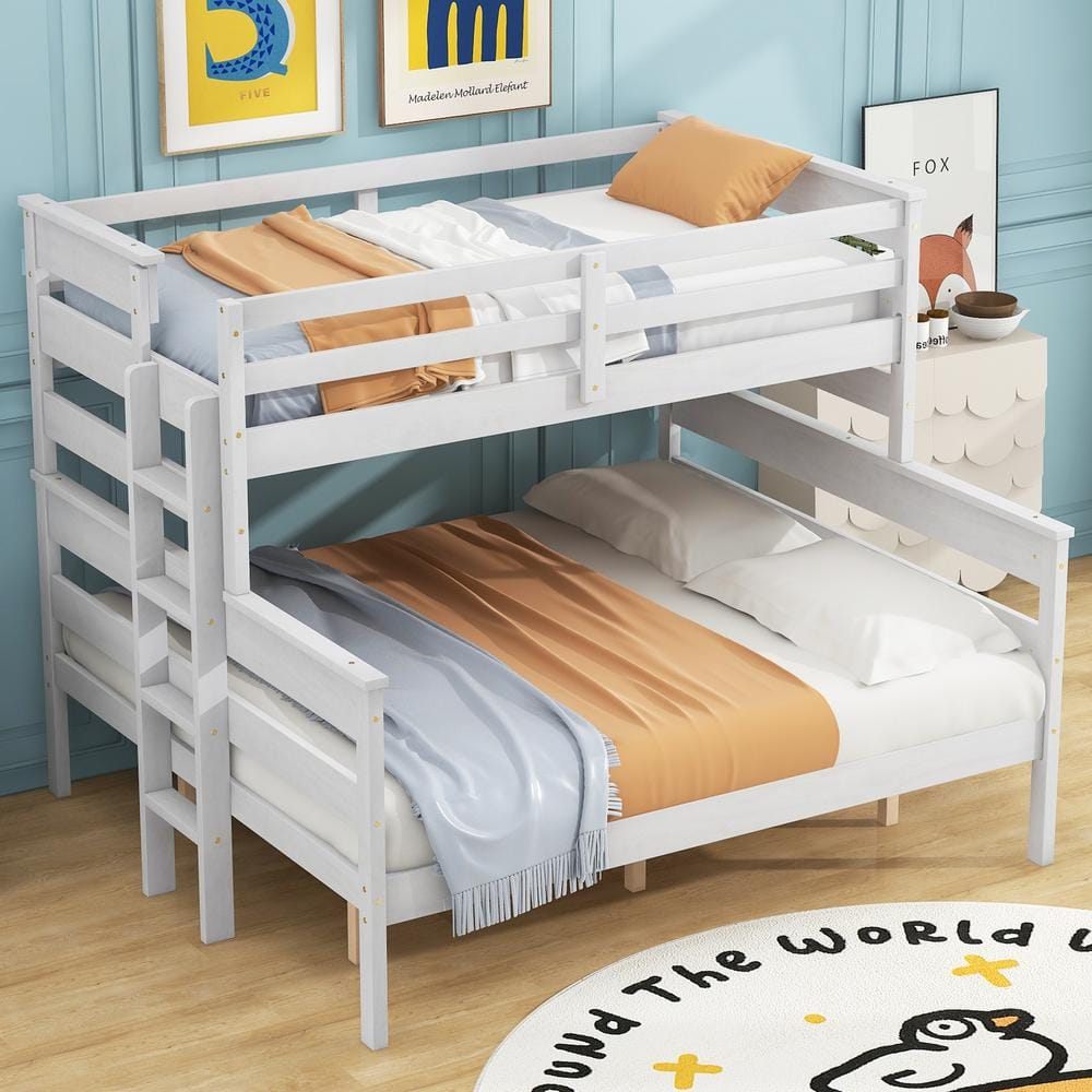 Detachable Style White Twin XL over Queen Wood Bunk Bed with Built-in Ladder, Full-Length Bedrails -  Harper & Bright Designs, QHS361AAK-Q