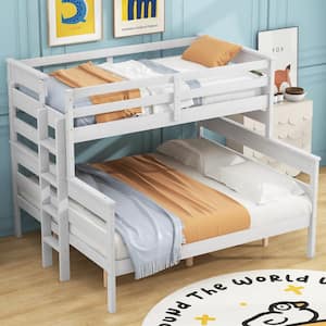 Detachable Style White Twin XL over Queen Wood Bunk Bed with Built-in Ladder, Full-Length Bedrails