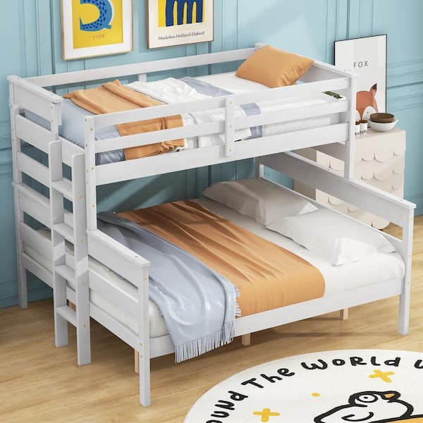 Harper & Bright Designs Detachable Style White Twin XL over Queen Wood Bunk Bed with Built-in Ladder, Full-Length Bedrails