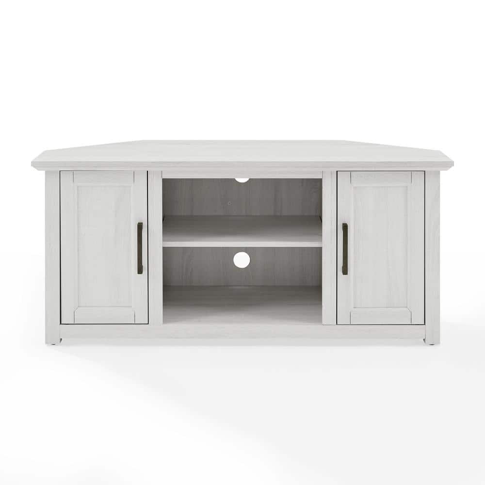 Whitewash Corner TV Stand with Cabinets and Open Storage