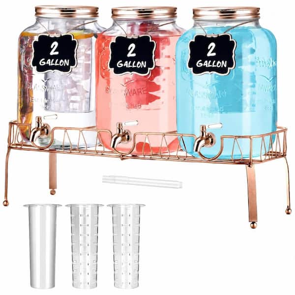 3-Piece 2-Gallon Glass Beverage Dispenser Set with Stand, Rose Gold Lettered 25.98 x 16.54 x 9.84