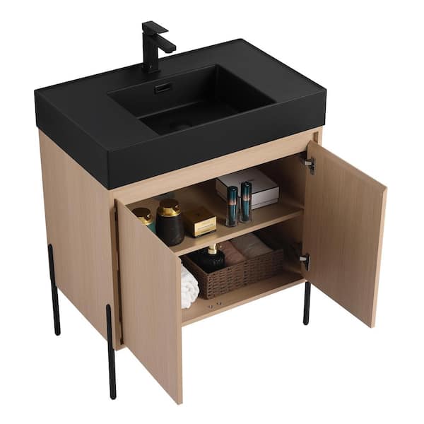 Crownpoint 30 in. Freestanding Single White Oak Bathroom Vanity with Black Acrylic Sink Top Unassembled