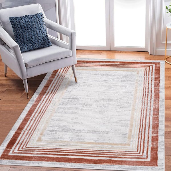 HOTEBIKE 8 ft.W x 10 ft.L Brown/Ivory/Bordered Non-Shedding Stylish and Stain Resistant Area Rug for Indoor/Outdoor
