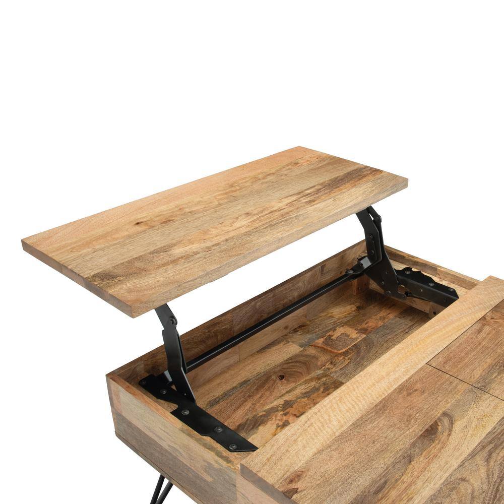 Natural Mango Wood Square Lift-Top Coffee Table with Storage