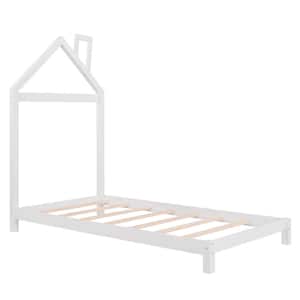 House-Shaped Headboard Platform Bed, Solid Wood Twin Bed Frame with Slat Support, No Box Spring Needed ( White )