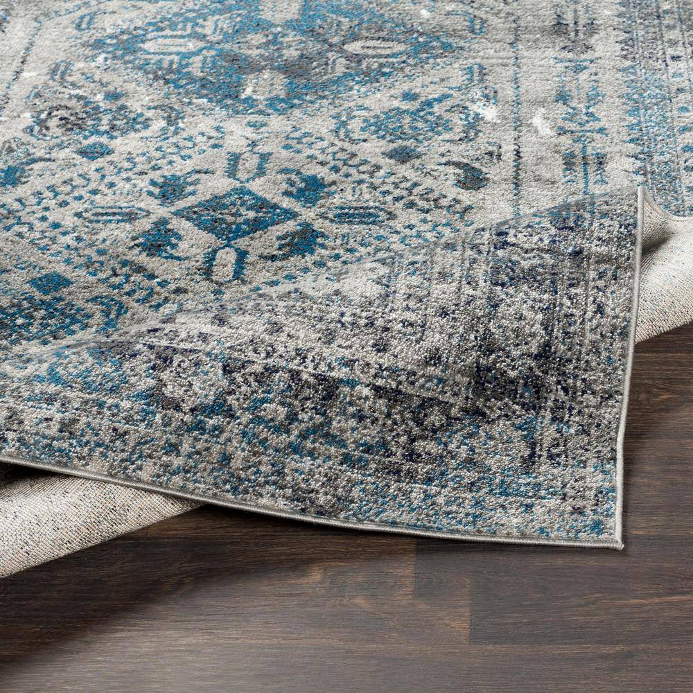 Blue and Grey Rectangular Stain-Resistant Synthetic Area Rug