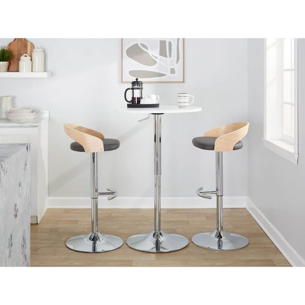 Rt Stool LumiSource Grotto 39 in. Grey Faux Leather, Natural Wood and Chrome ...