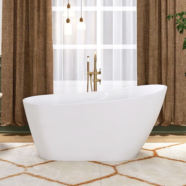59.06 in. x 29.53 in. Glossy White Acrylic Freestanding Soaking Bathtub with Chrome Reversible Drain