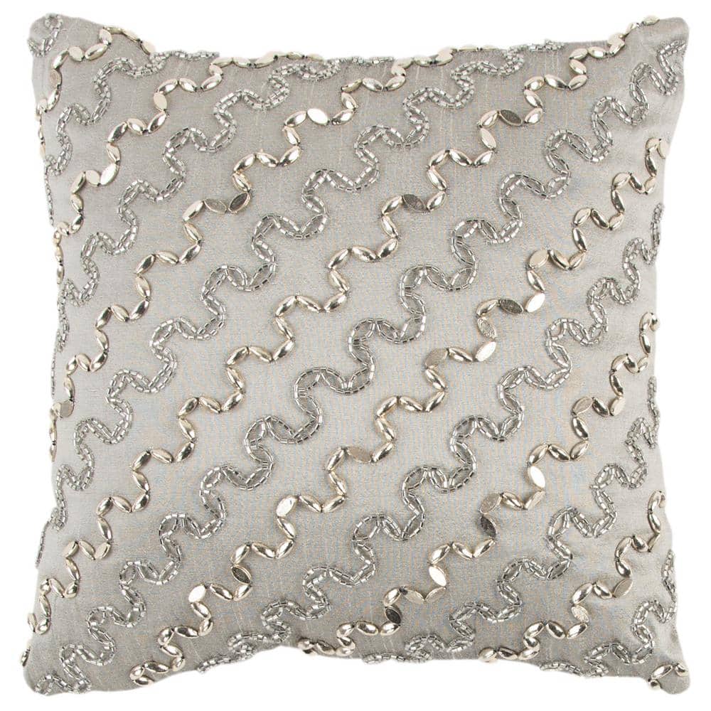 Silver Hand Beaded Cotton Poly Filled 12 in. x 12. Decorative Throw Pillow