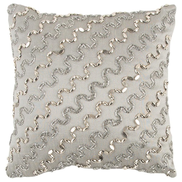 Silver Hand Beaded Cotton Poly Filled 12 in. x 12. Decorative Throw Pillow