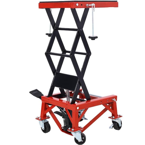 300 lbs. Hydraulic Motorcycle Scissor Jack Lift Foot Step Wheels for Small Dirt Bikes, Red Color Jack Post
