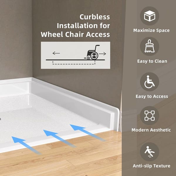66 in. x 36 in. Acrylic Single Threshold Shower Tray Alcove Accessible Shower Pan Base with Chrome Center Drain in White