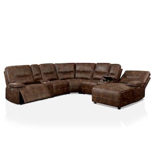 Lunna 125 in. 7-Piece Fabric-Like Vinyl Symmetrical Sectionals in Brown with Cup Holders