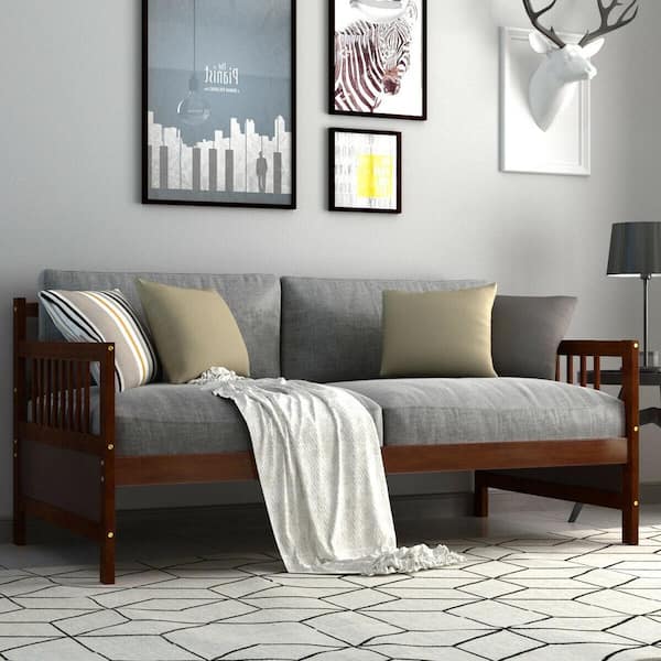 79 in. W Square Arm Fabric Straight Twin Size Wooden Slats Daybed Bed Sofa Support Platform Sturdy with Rails in Brown