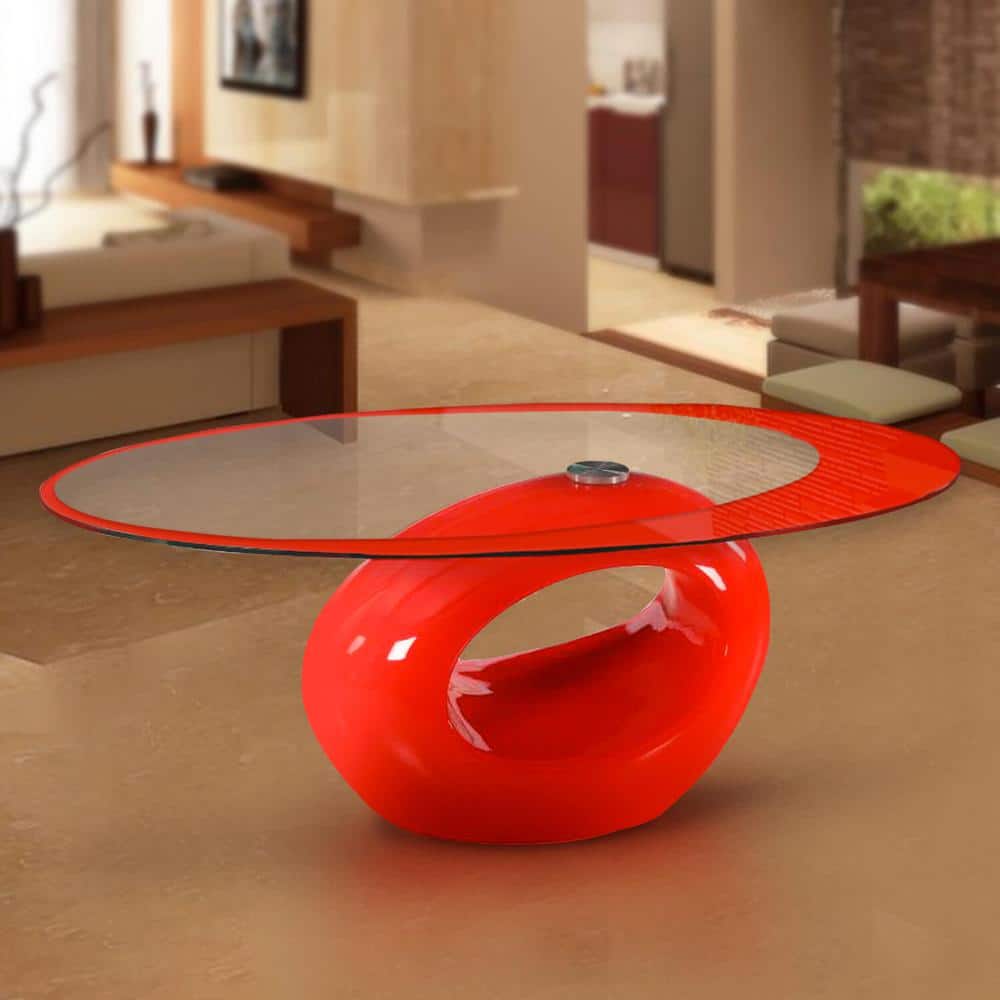 Red Oval Glass Top Outdoor Coffee Table with MDF Base