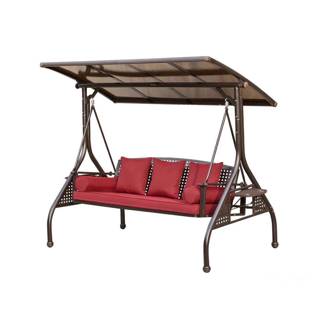 3-Seat Wine Red Metal Patio Swing with Adjustable Hardtop, 3 in 1 Convertib