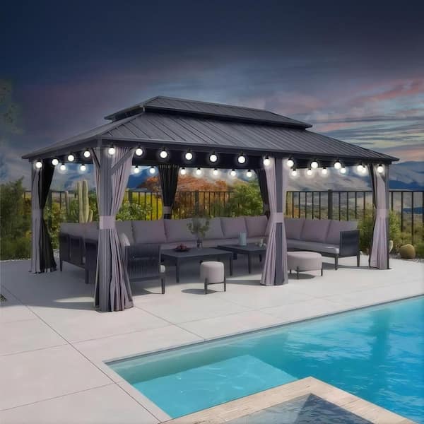 12 ft.x 20 ft. Gray Patio Outdoor Gazebo for Backyard Hardtop Aluminum Frame with Hooks, Netting, Curtain 36-Lights