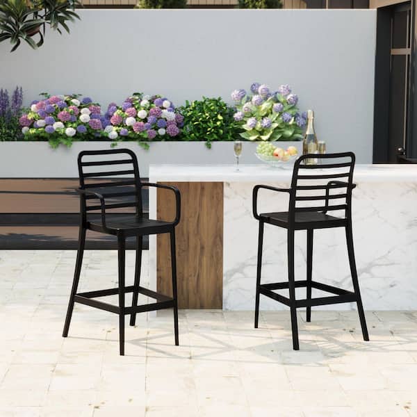 Frond and Form 29.5 in. Outdoor Patio All-Weather Black Poly Plastic Stackable Bar Stool (Set of 2)