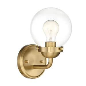 Knoll 5.75 in. 1-Light Brushed Gold Modern Industrial Wall Sconce with Clear Glass Shade