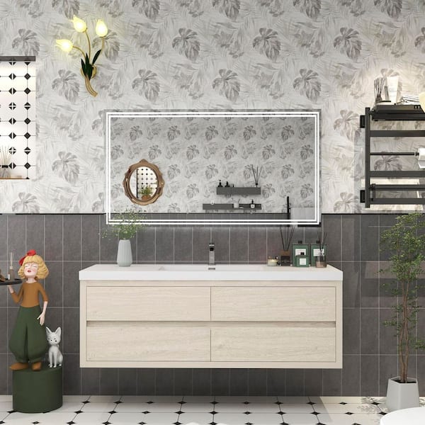 BV Better Vanity Louis 59 in. W x 20 in. D x 22 in. H Single Sink Floating Bath Vanity in Light Wood with White Acrylic Top