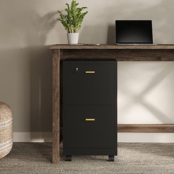 2-Drawer Black Manufactured Wood 15.75 in. Rolling Vertical File Cabinet