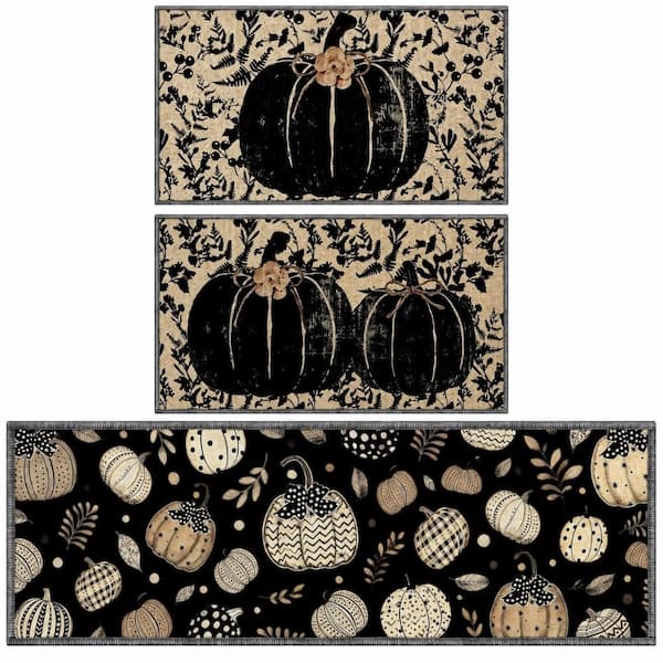 Black Pumpkin Diamond Velvet Kitchen Mats Set of 3 Seasonal Fall Thanksgiving Floor Rugs