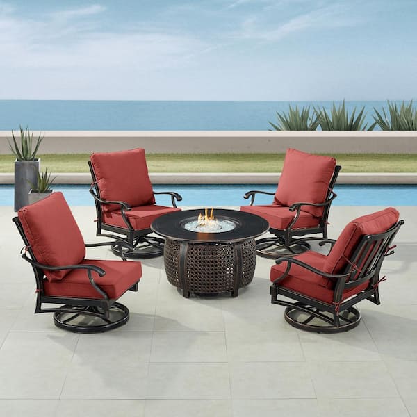 Oakland Living Black 5-Piece Aluminum Patio Fire Table Set with Red Cushions