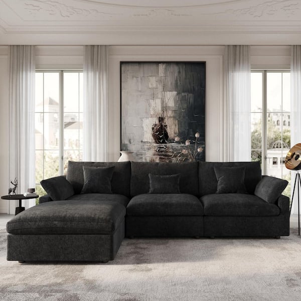 155.9 in. Slope Arm Linen 5-Pieces Modular Free Combination Sofa with Ottoman in Black