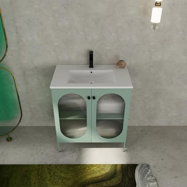 30 in. W Single Sink Freestanding Bath Vanity in Mint Green with White Ceramic Top Unassembled