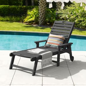 Oversized Plastic Outdoor Chaise Lounge Chair with Wheels and Adjustable Backrest for Poolside Patio Garden-Black