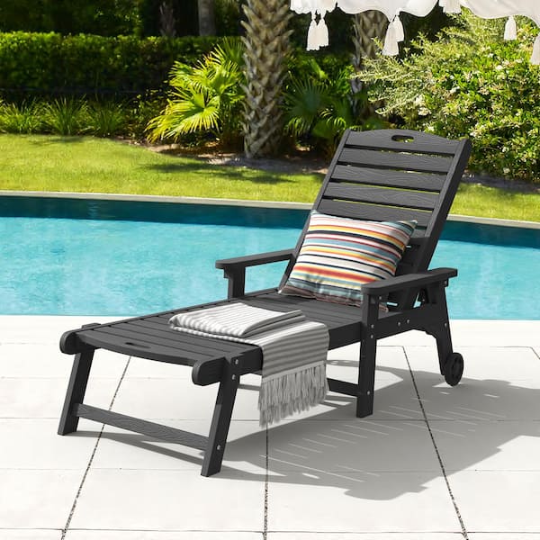LUE BONA Oversized Plastic Outdoor Chaise Lounge Chair with Wheels and Adjustable Backrest for Poolside Patio Garden-Black