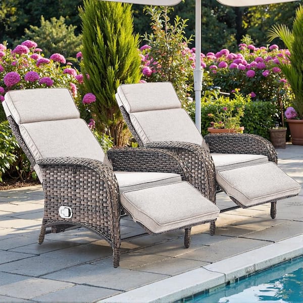 2-Pack Brown Wicker Outdoor Pneumatic Pump Gravity Adjustable Recliner for Patio with CushionGuard Beige Cushions