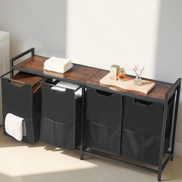 4-Section Laundry Sorter, Metal Frame, Black Wooden Top Kitchen Cart, Freestanding Organizer, Pull-Out Oxford Cloth Bags