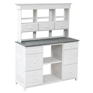 37 Gal. 65.7 in. H x 50.1 in.W x 19.7 in. D White Wooden Outdoor Storage BenchTable with Multiple Drawers and Shelves