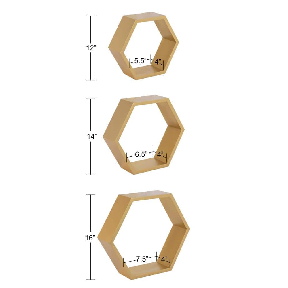 Gold Hexagon Floating Wood Wall Shelf Set