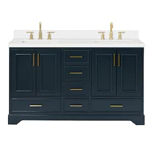 Stafford 61 in. W x 22 in. D x 36 in. H Double Sink Freestanding Bath Vanity in Midnight Blue with Pure White Quartz Top