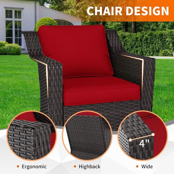 Brown Wicker Frame Outdoor Rocking Chair Patio Swivel Chair Lounge Chair with Red Cushions