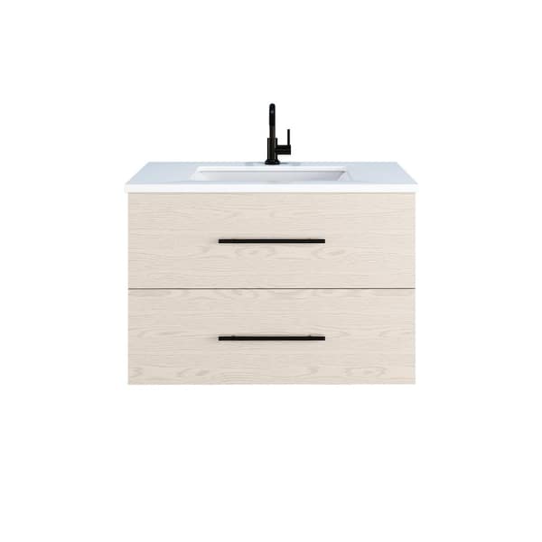 VOLPA USA AMERICAN CRAFTED VANITIES Napa 36" W x 22" D x 21-3/8" H Single Sink Bathroom Vanity Wall Mounted in Natural Oak with White Quartz Countertop