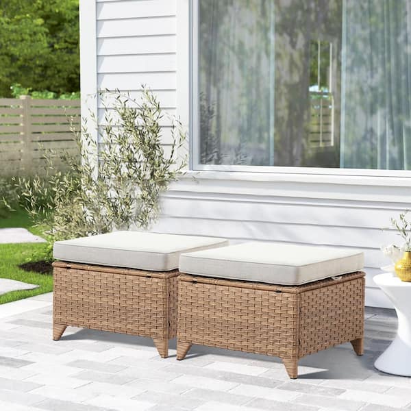 Opohoro Yellow Wicker Outdoor Ottoman, All-Weather Patio Ottomans (Set of 2) PE Wicker Steel Frame with Beige Cushions (2-Pack)