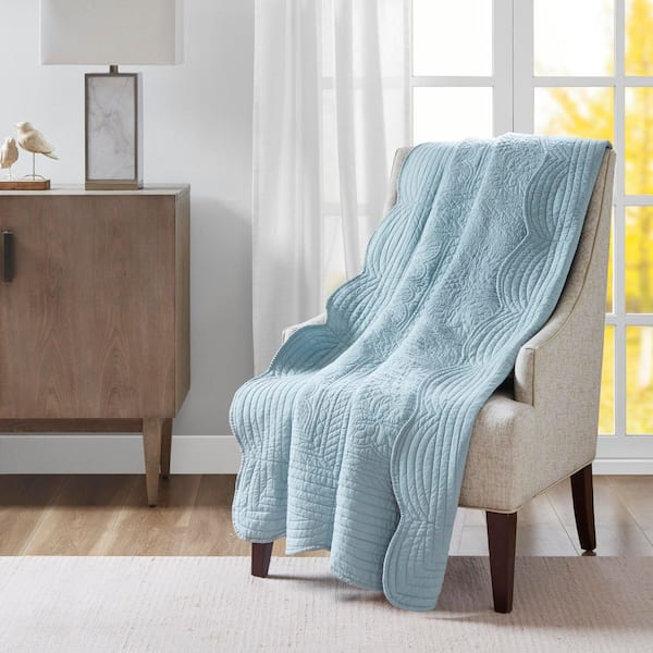 Marino Blue Solid Polyester 60 x 72 in. Oversized Quilted Throw with Scalloped Edges