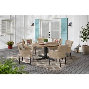 Devonwood 7-Piece Light Brown Steel Wicker Outdoor Dining Set with CushionGuard Putty Tan Cushions