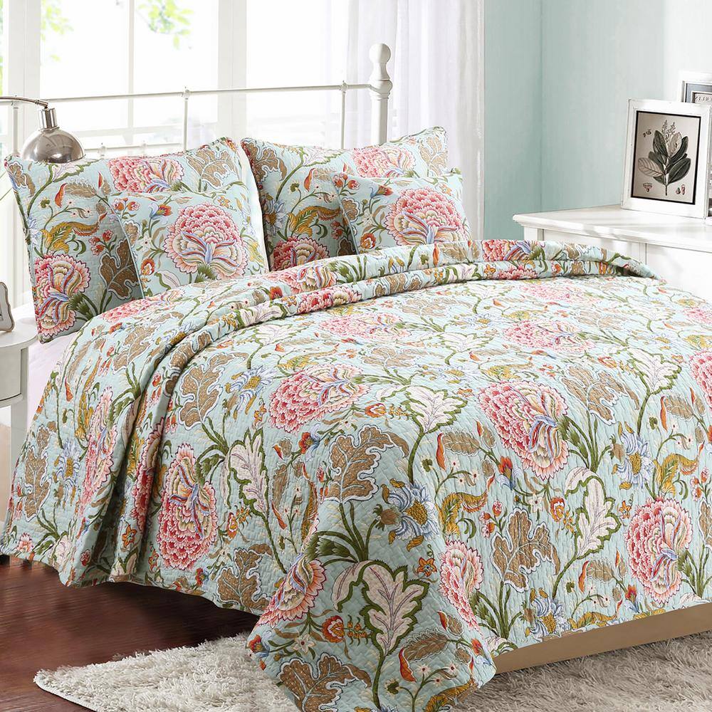 Blooming Camellia Floral Cotton Queen Quilt Set